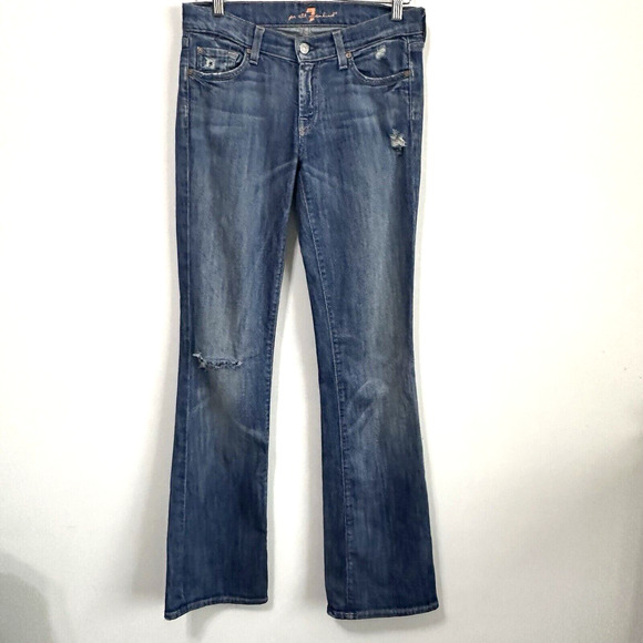 7 For All Mankind 7FAMK Bootcut Jeans 28 Blue Distressed 31x33.5 Tall Mid Rise - Picture 1 of 8